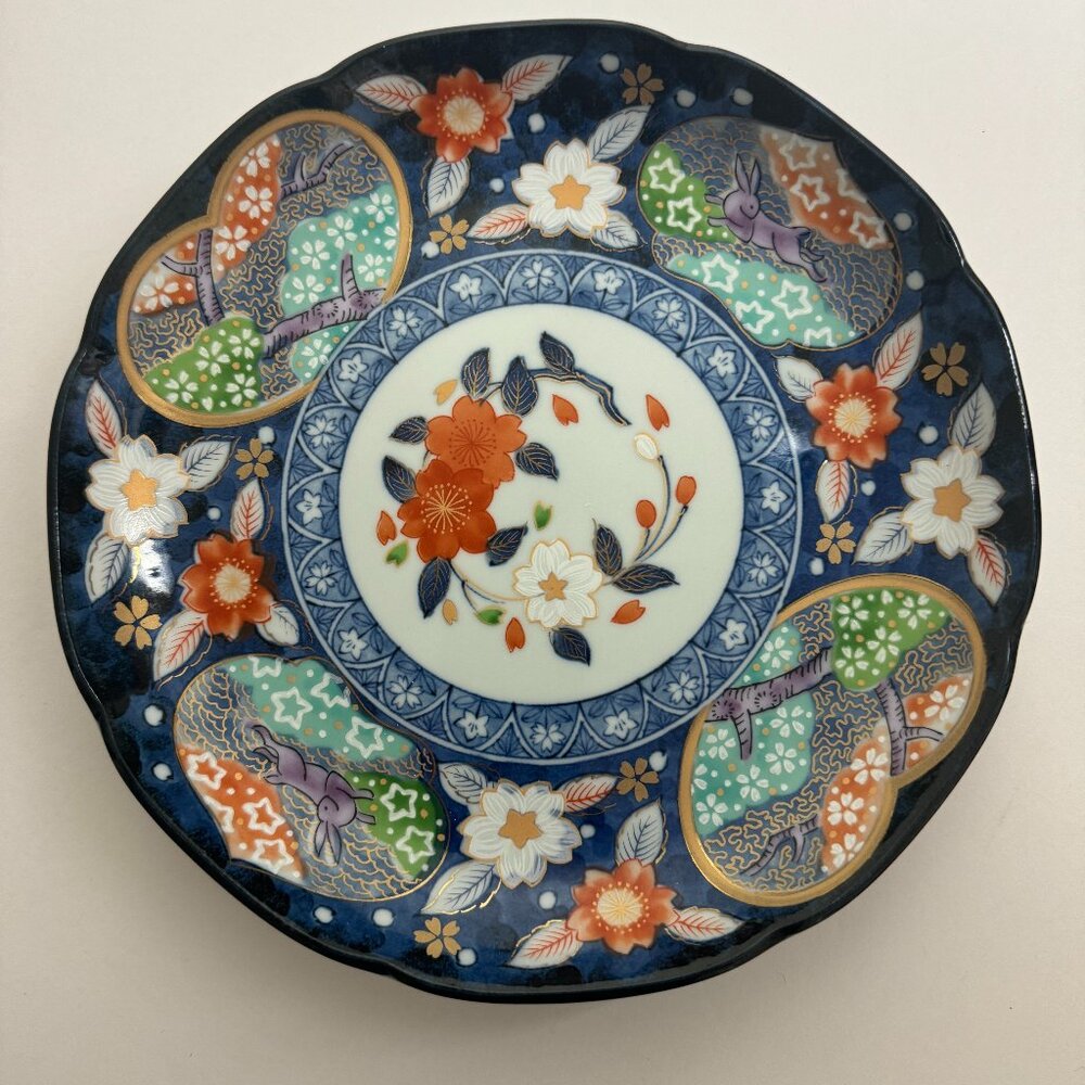 Vintage Japanese Decorative Plate Flowers & Rabbits Hand painted